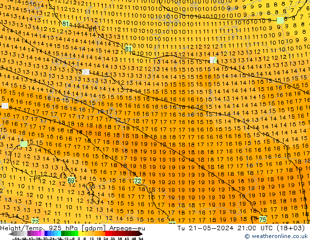 Géop./Temp. 925 hPa Arpege-eu mar 21.05.2024 21 UTC