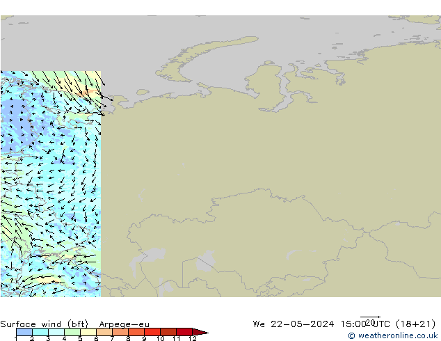 Vent 10 m (bft) Arpege-eu mer 22.05.2024 15 UTC