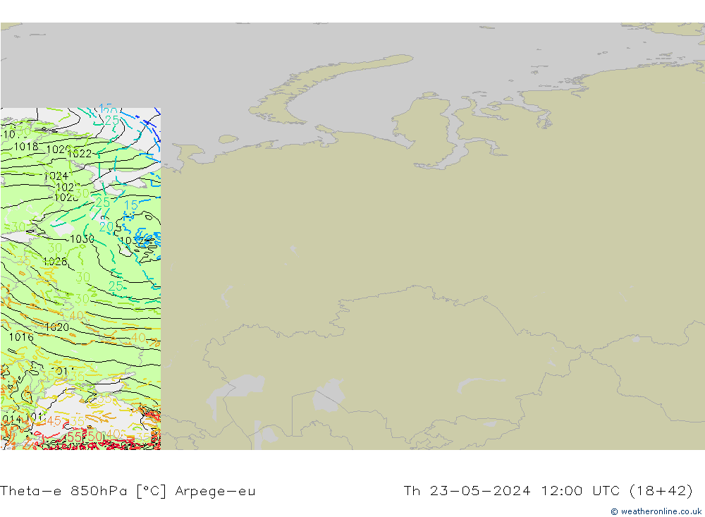 Theta-e 850hPa Arpege-eu gio 23.05.2024 12 UTC