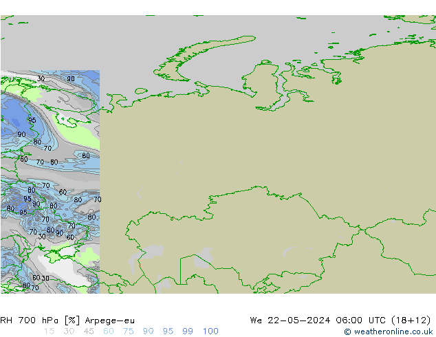 Humidité rel. 700 hPa Arpege-eu mer 22.05.2024 06 UTC