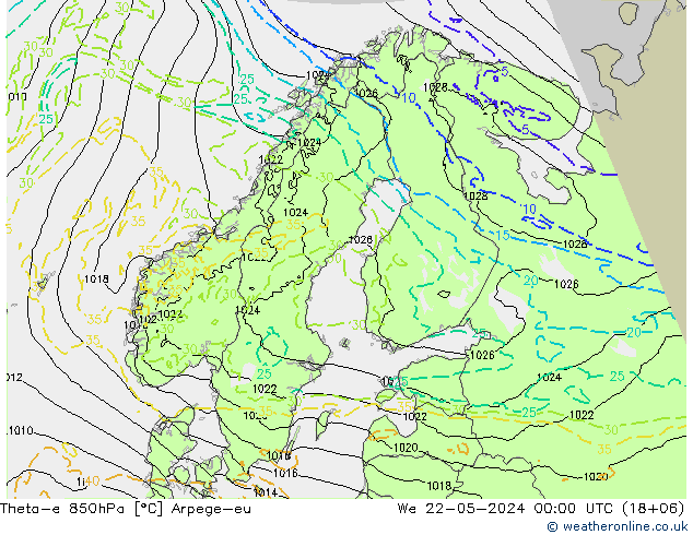 Theta-e 850hPa Arpege-eu mer 22.05.2024 00 UTC