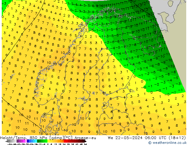 Height/Temp. 850 hPa Arpege-eu Mi 22.05.2024 06 UTC