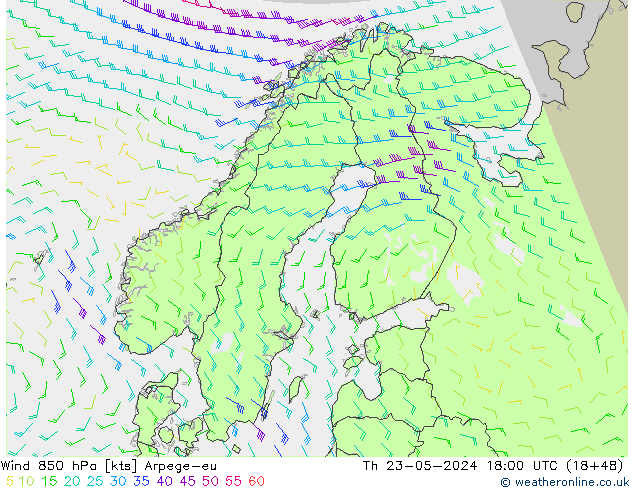 ветер 850 гПа Arpege-eu чт 23.05.2024 18 UTC