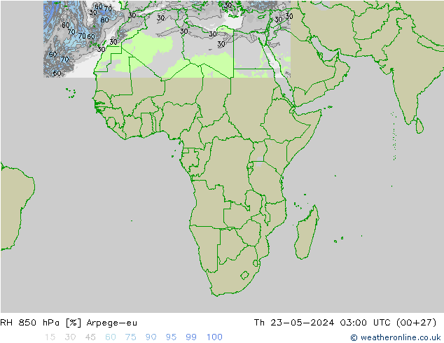Humidité rel. 850 hPa Arpege-eu jeu 23.05.2024 03 UTC