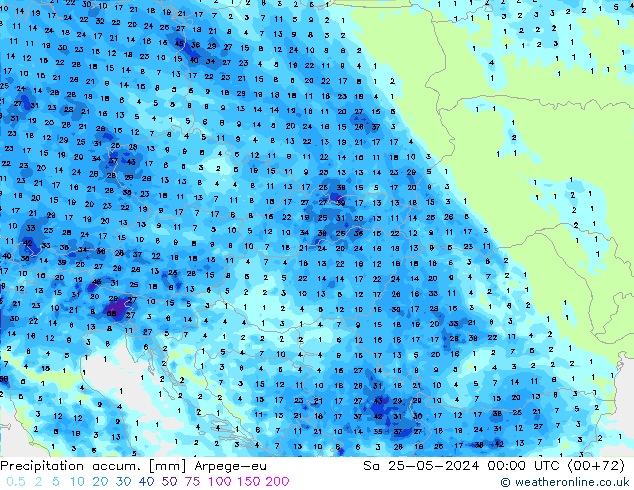 Totale neerslag Arpege-eu za 25.05.2024 00 UTC