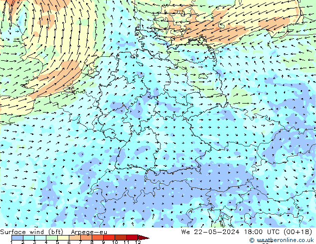 Surface wind (bft) Arpege-eu We 22.05.2024 18 UTC