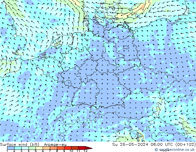 Surface wind (bft) Arpege-eu Ne 26.05.2024 06 UTC