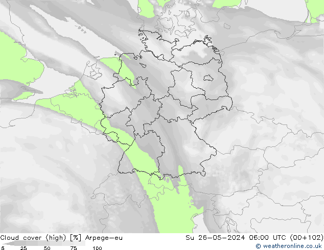 Cloud cover (high) Arpege-eu Su 26.05.2024 06 UTC