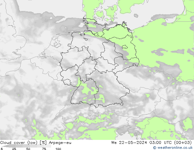 Cloud cover (low) Arpege-eu We 22.05.2024 03 UTC