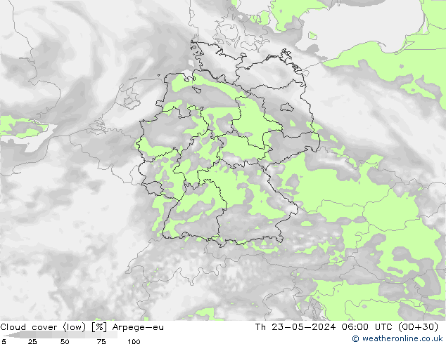 Cloud cover (low) Arpege-eu Th 23.05.2024 06 UTC