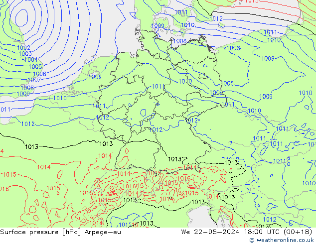 Pressione al suolo Arpege-eu mer 22.05.2024 18 UTC