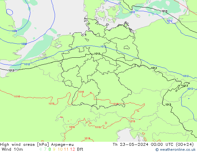 High wind areas Arpege-eu Th 23.05.2024 00 UTC