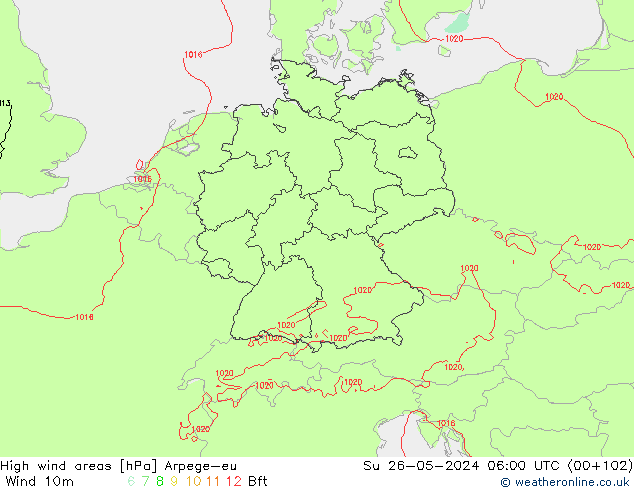 High wind areas Arpege-eu Su 26.05.2024 06 UTC