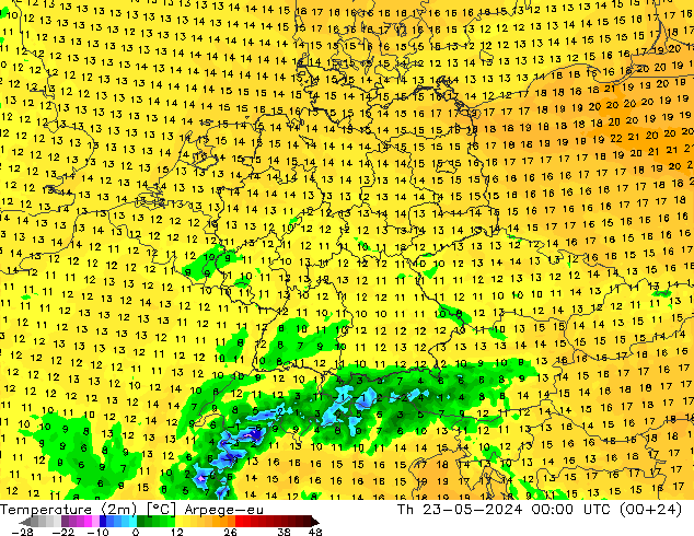 温度图 Arpege-eu 星期四 23.05.2024 00 UTC