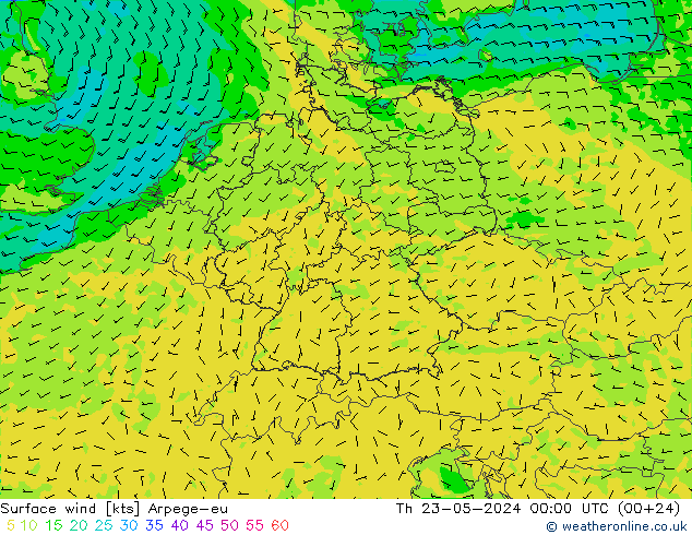 Surface wind Arpege-eu Čt 23.05.2024 00 UTC