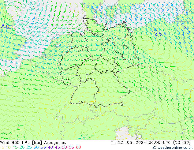 Vent 850 hPa Arpege-eu jeu 23.05.2024 06 UTC