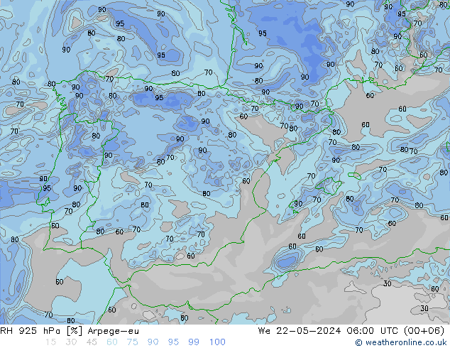 Humidité rel. 925 hPa Arpege-eu mer 22.05.2024 06 UTC