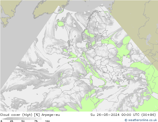 Cloud cover (high) Arpege-eu Su 26.05.2024 00 UTC