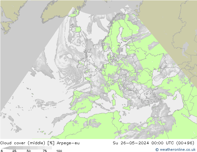 Cloud cover (middle) Arpege-eu Su 26.05.2024 00 UTC