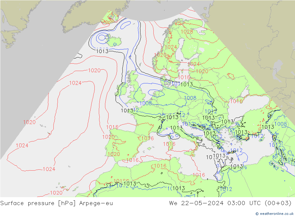 Pressione al suolo Arpege-eu mer 22.05.2024 03 UTC