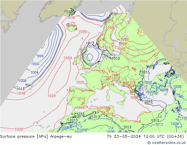 Atmosférický tlak Arpege-eu Čt 23.05.2024 12 UTC