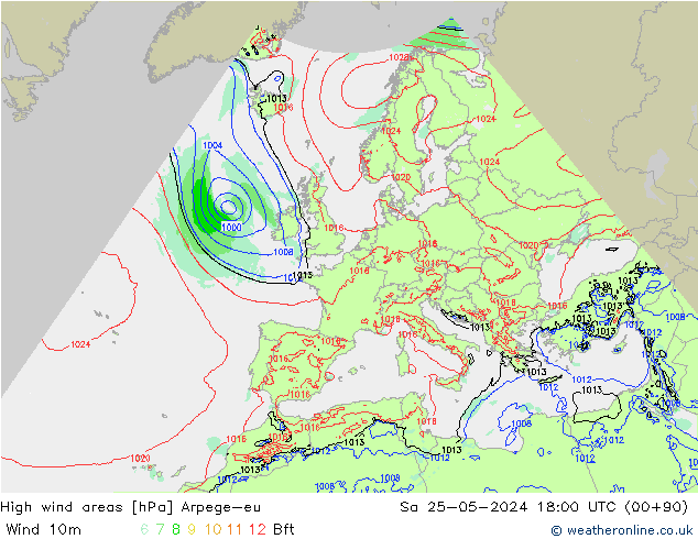 High wind areas Arpege-eu Sa 25.05.2024 18 UTC