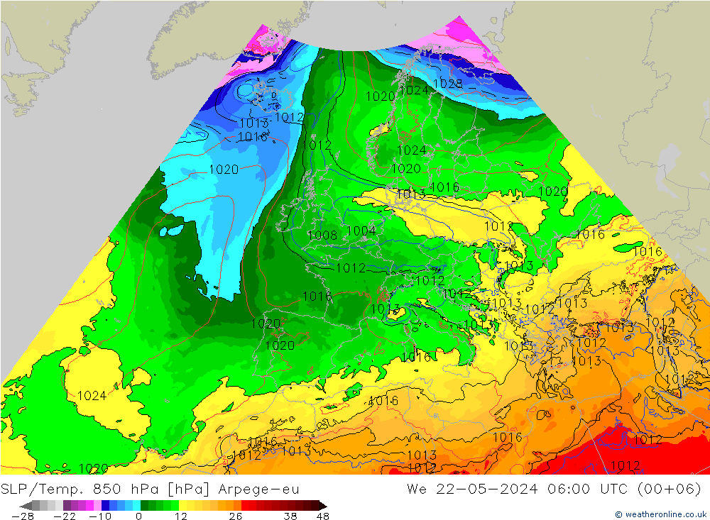 SLP/Temp. 850 hPa Arpege-eu We 22.05.2024 06 UTC