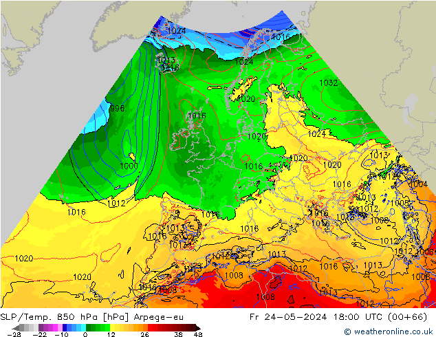 SLP/Temp. 850 hPa Arpege-eu Fr 24.05.2024 18 UTC