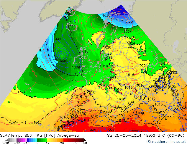 SLP/Temp. 850 hPa Arpege-eu Sa 25.05.2024 18 UTC