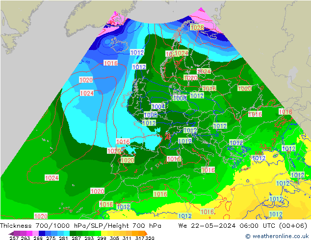 Thck 700-1000 hPa Arpege-eu śro. 22.05.2024 06 UTC