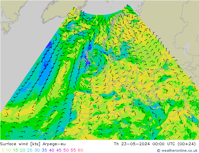 Surface wind Arpege-eu Th 23.05.2024 00 UTC