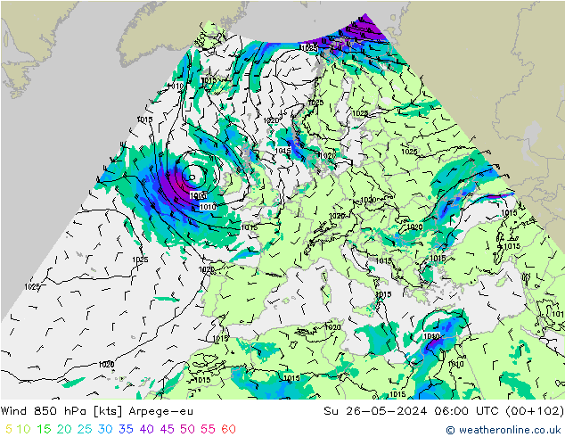 Wind 850 hPa Arpege-eu Ne 26.05.2024 06 UTC