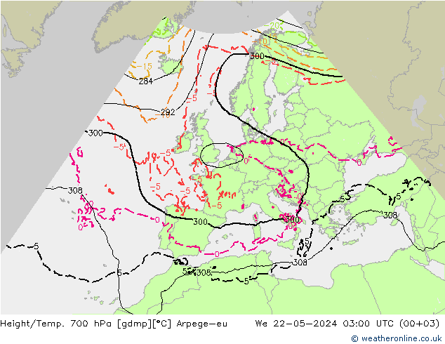 Hoogte/Temp. 700 hPa Arpege-eu wo 22.05.2024 03 UTC