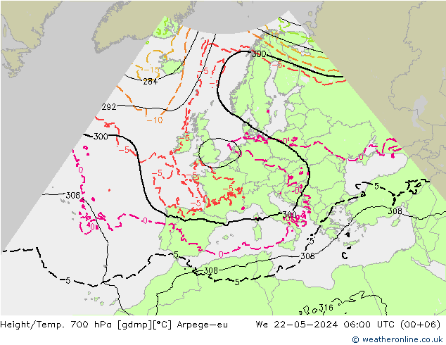 Height/Temp. 700 hPa Arpege-eu śro. 22.05.2024 06 UTC