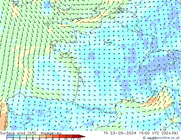 Surface wind (bft) Arpege-eu Th 23.05.2024 15 UTC