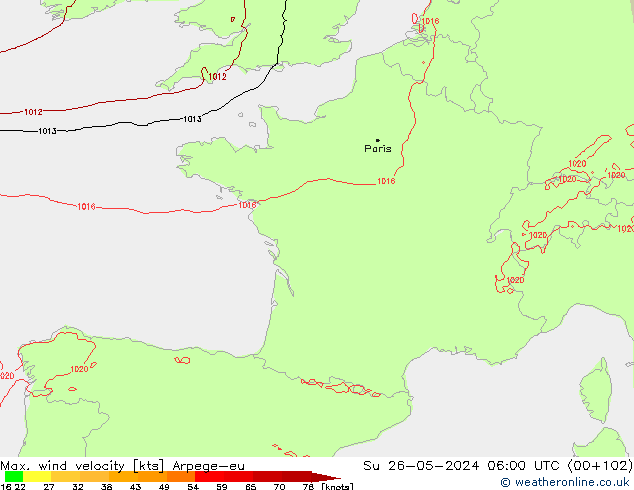 Max. wind velocity Arpege-eu  26.05.2024 06 UTC