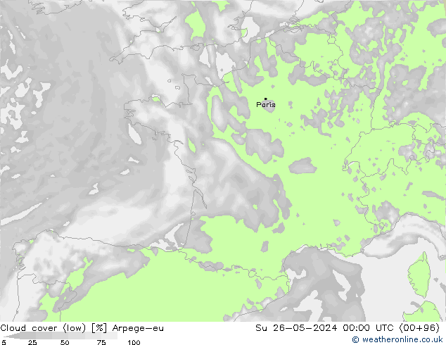 Cloud cover (low) Arpege-eu Su 26.05.2024 00 UTC
