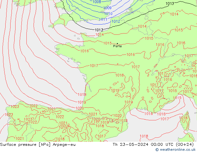 Presión superficial Arpege-eu jue 23.05.2024 00 UTC