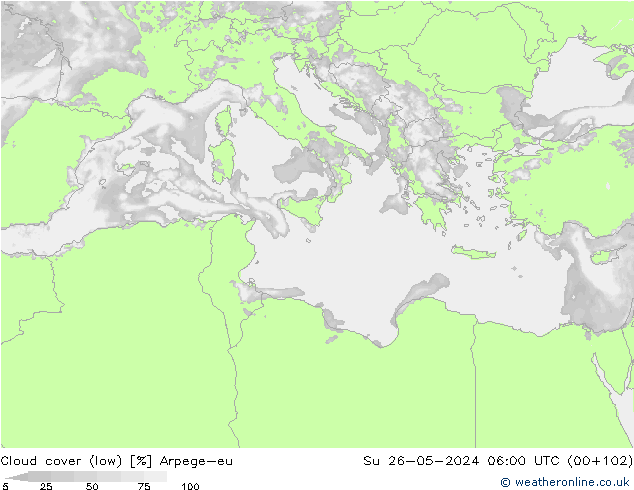 Cloud cover (low) Arpege-eu Su 26.05.2024 06 UTC