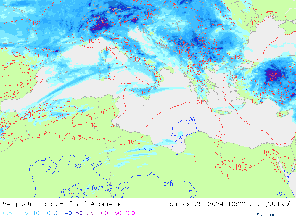 Precipitation accum. Arpege-eu Sa 25.05.2024 18 UTC