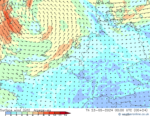 Surface wind (bft) Arpege-eu Čt 23.05.2024 00 UTC