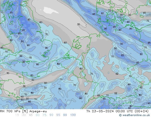 RH 700 hPa Arpege-eu 星期四 23.05.2024 00 UTC