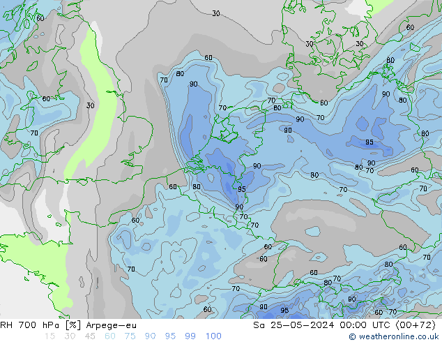 RH 700 hPa Arpege-eu Sa 25.05.2024 00 UTC