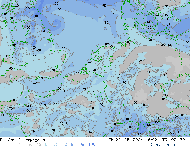 Humidité rel. 2m Arpege-eu jeu 23.05.2024 15 UTC