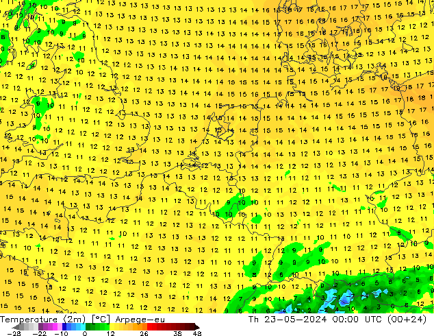 温度图 Arpege-eu 星期四 23.05.2024 00 UTC