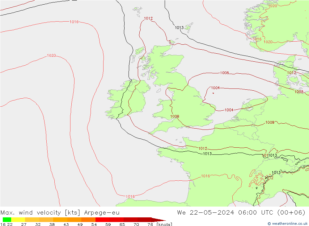 Max. wind velocity Arpege-eu Qua 22.05.2024 06 UTC