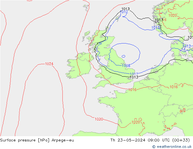 Presión superficial Arpege-eu jue 23.05.2024 09 UTC
