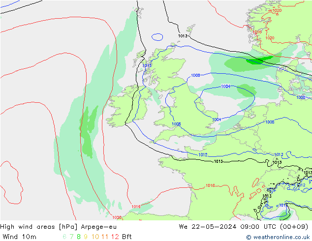 High wind areas Arpege-eu St 22.05.2024 09 UTC