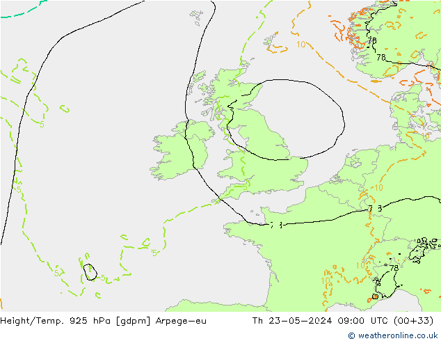 Geop./Temp. 925 hPa Arpege-eu jue 23.05.2024 09 UTC