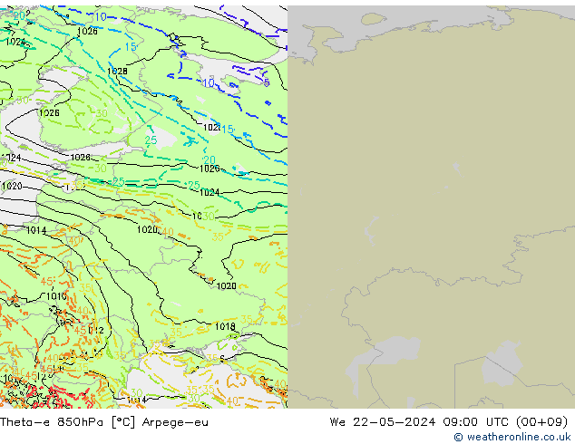 Theta-e 850hPa Arpege-eu mer 22.05.2024 09 UTC